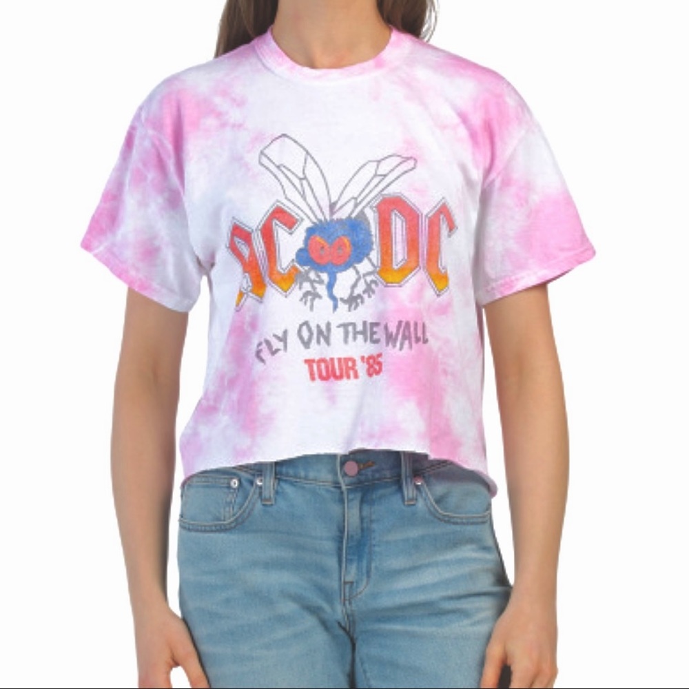 AC/DC Tie Dye Crop Top Pink Short Sleeved Cotton Boyfriend Tee Junior Large